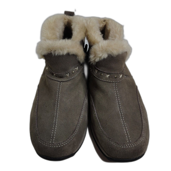EASY SPIRIT Serras Grey Suede Ankle Boots 5 Women's Faux Fur Lined Button Strap - Picture 2 of 6